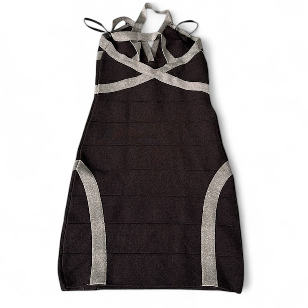 Bebe Black & Silver Metallic Bandage Dress | Size XS - Picture 2 of 5
